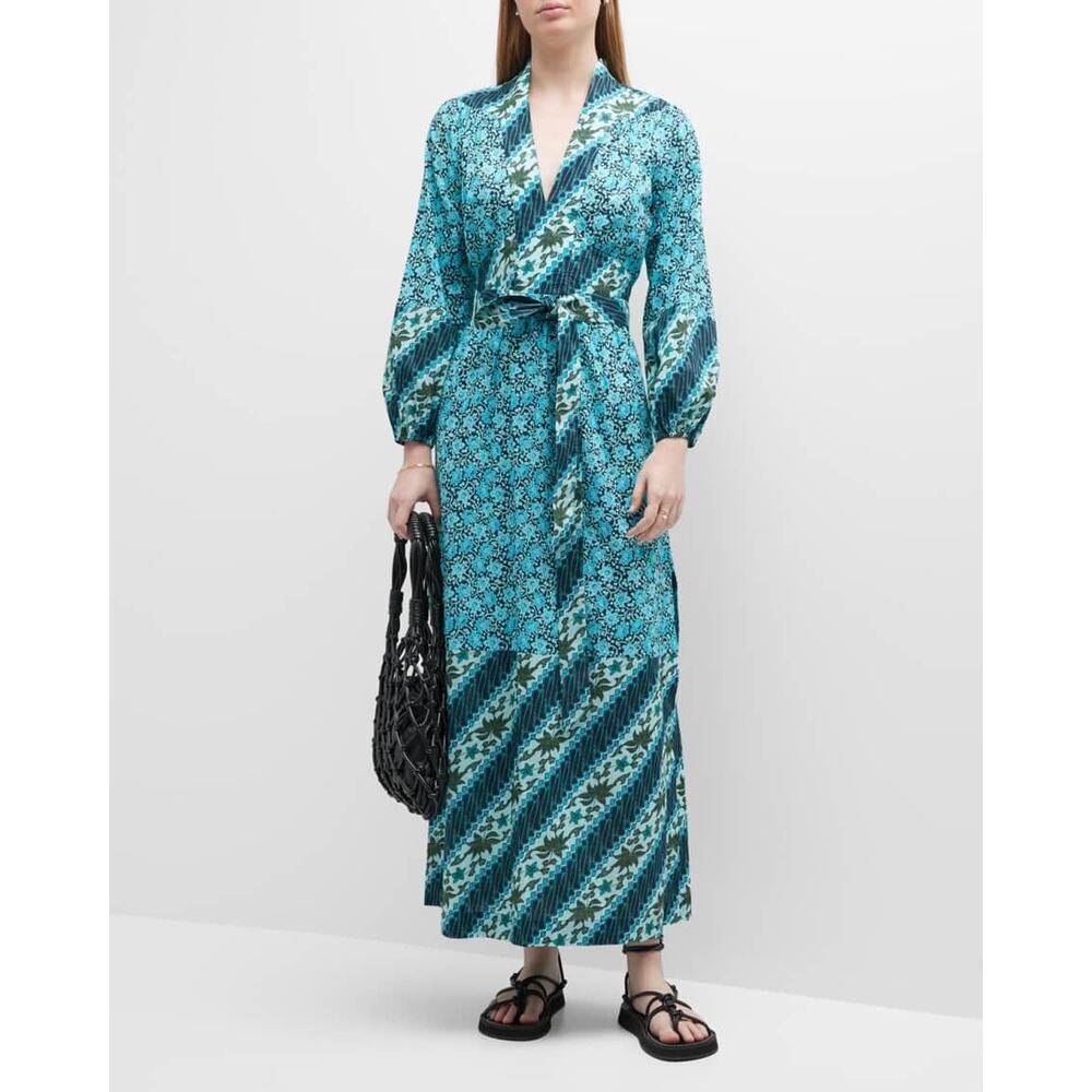 Figue Starlight Floral-Print Belted Cotton Turquoise Green Blue Maxi Dress XS